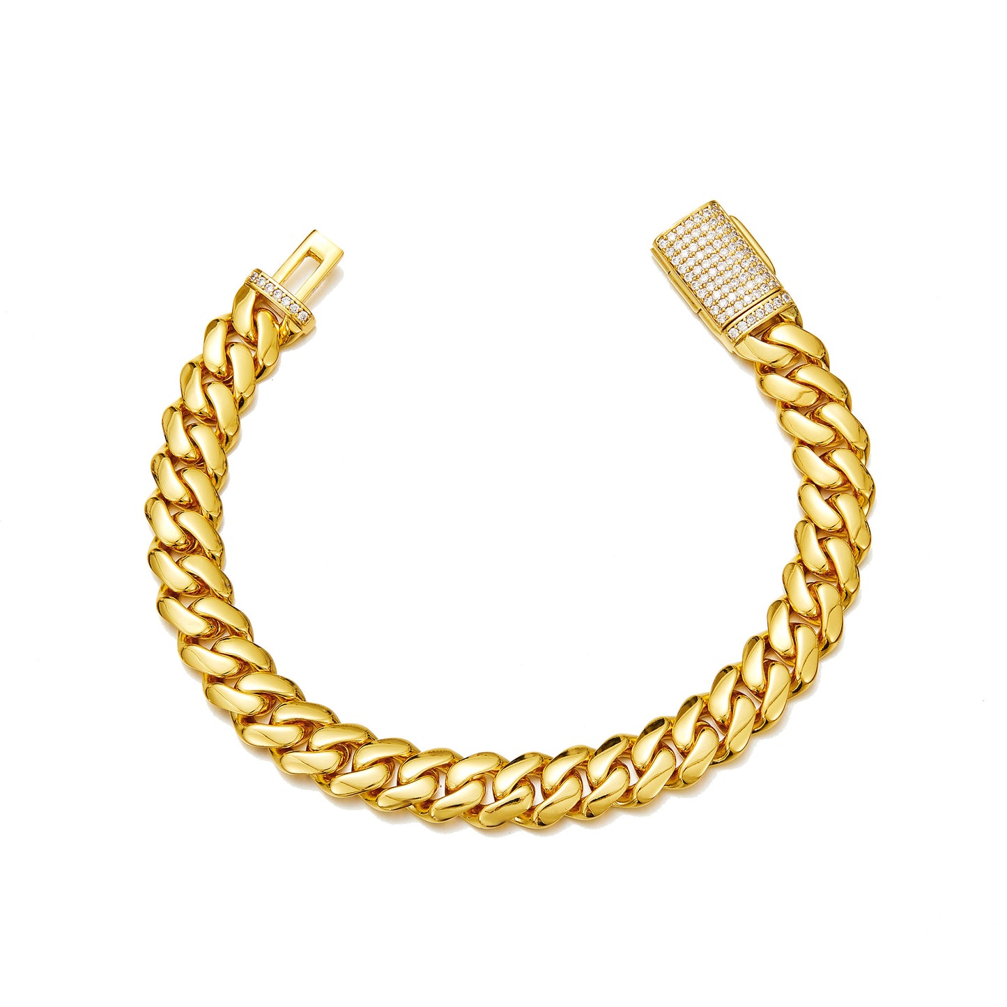 Men’s Gold Stainless Steel Thin Cuban Link Bracelet, Flip Clasp with Rhinestones Fashion Hip Hop Wrist Jewelry