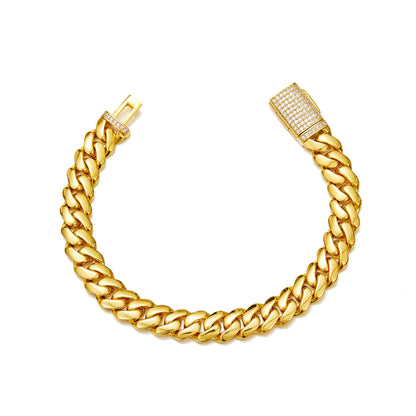 Men’s Gold Stainless Steel Thin Cuban Link Bracelet, Flip Clasp with Rhinestones Fashion Hip Hop Wrist Jewelry