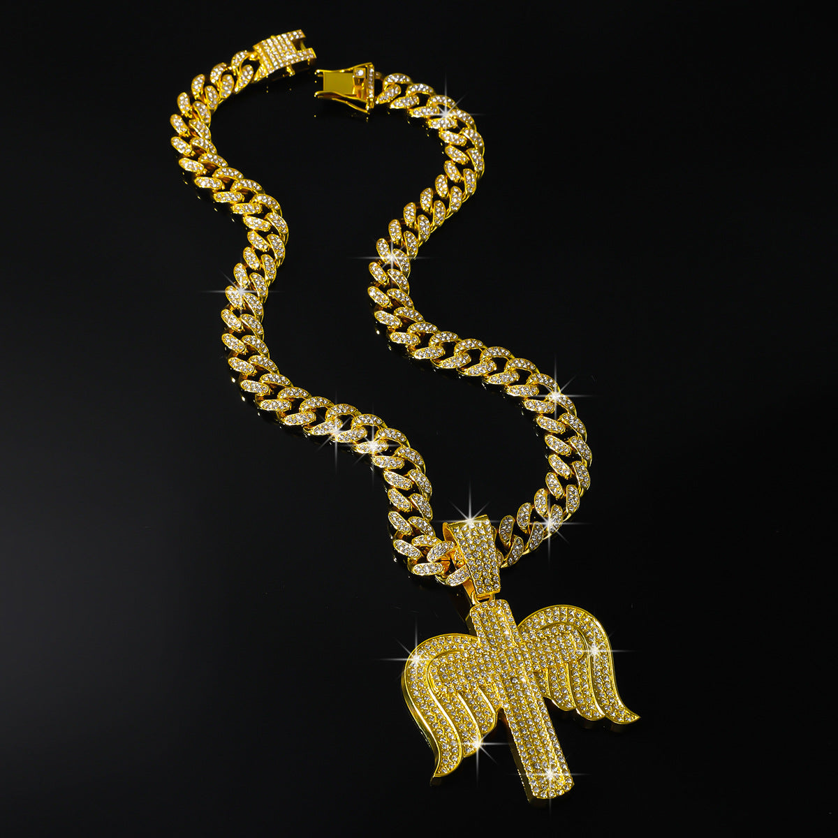 Hip-Hop Angel Wing Cross Cuban Chain Pendant Necklace