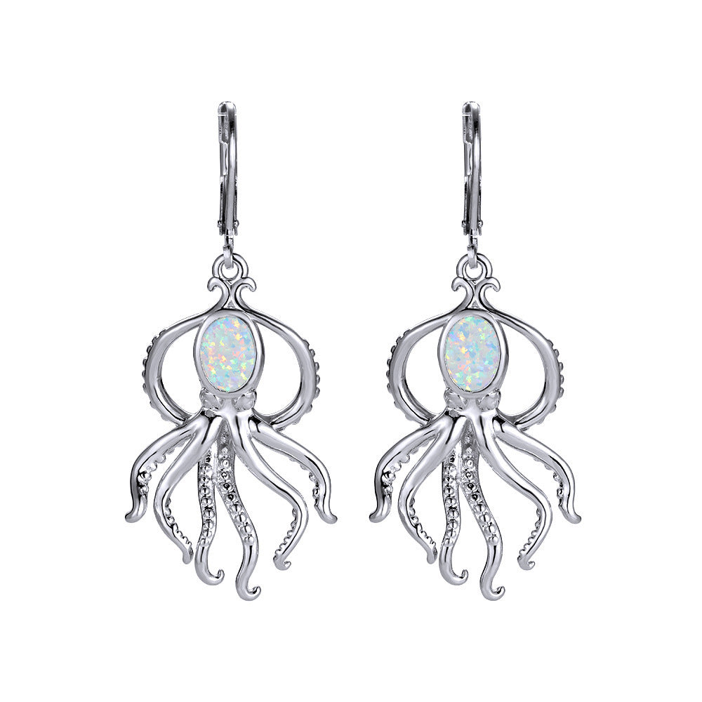 Women's Octopus‑Shape Oval Opal & Zirconia Leverback Dangle Earrings, with Champagne Gold Plating / White Gold Plating