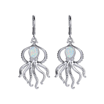 Women's Octopus‑Shape Oval Opal & Zirconia Leverback Dangle Earrings, with Champagne Gold Plating / White Gold Plating
