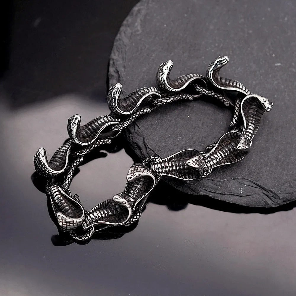 Men's Vintage 3D Snake Head Link Stainless Steel Open Cuff Bracelet, Antique Distressed Gothic Punk Hip‑Hop Fashion Jewelry Accessory