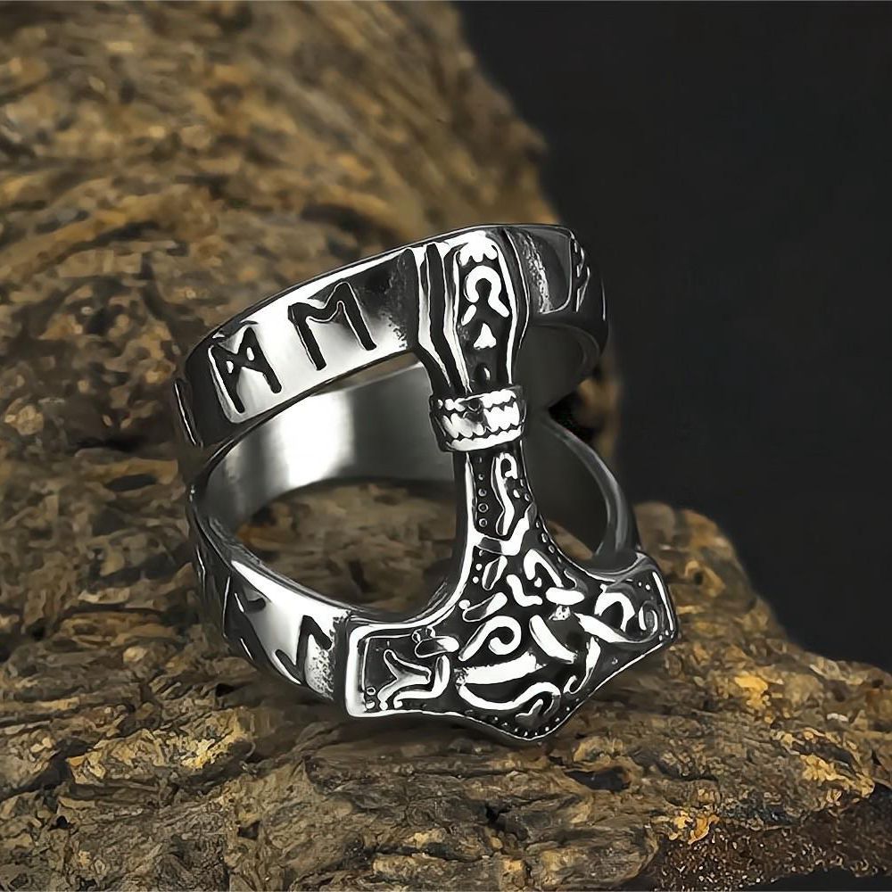 Vintage Nordic Stainless Steel Viking Rune Hammer Ring for Men