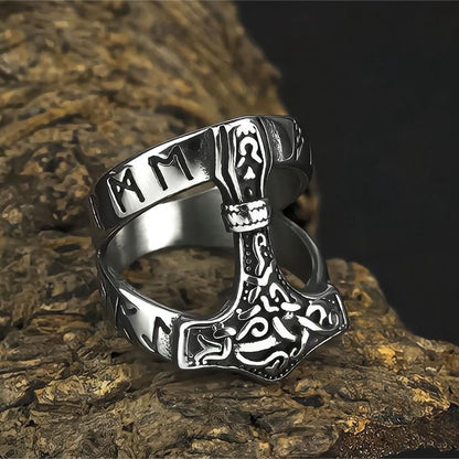Vintage Nordic Stainless Steel Viking Rune Hammer Ring for Men