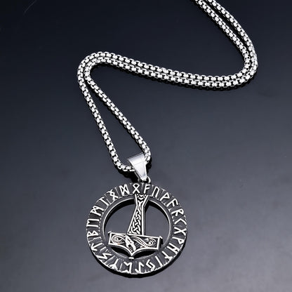 Men's Steel Viking Runes Mjolnir Round Pendant Necklace