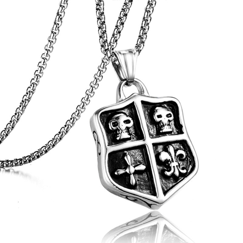 Men's Steel Shield Skull Pendant Necklace