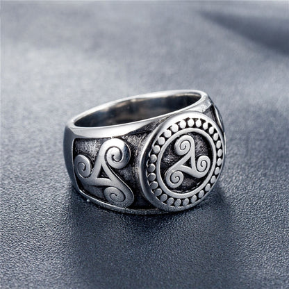 Vintage Solid Stainless Steel Viking Symbol Circle Spiral Ring for Men