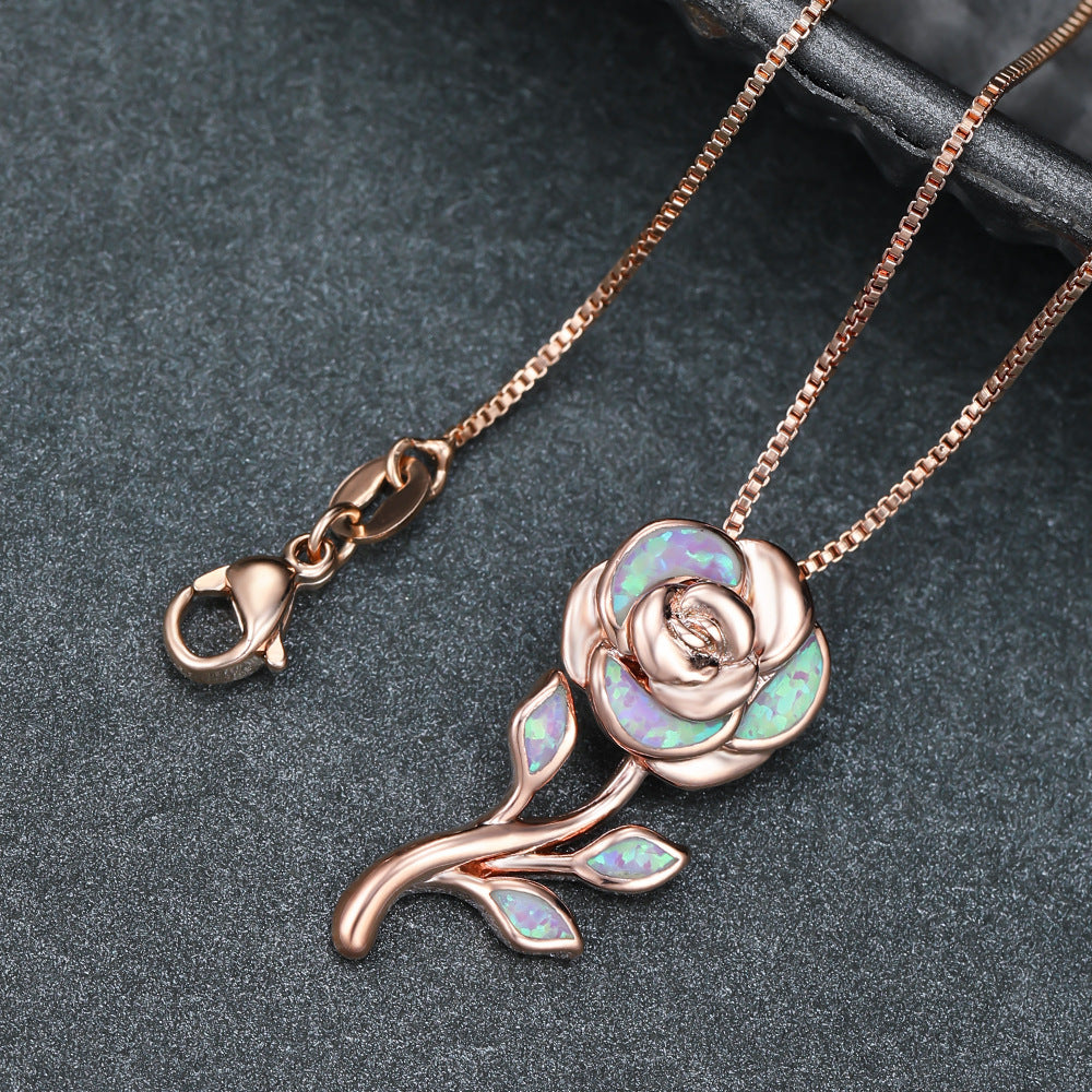 Fashion Rose Gold Purple Opal Large Rose Flower Pendant Necklace