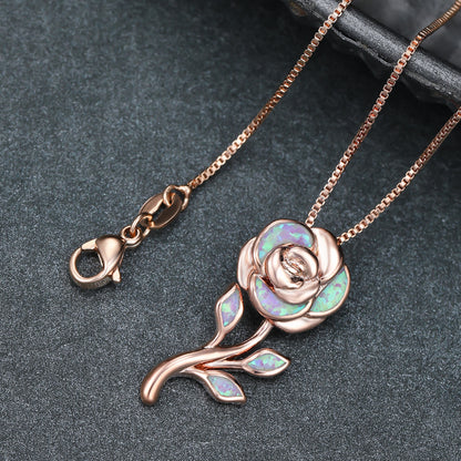 Fashion Rose Gold Purple Opal Large Rose Flower Pendant Necklace