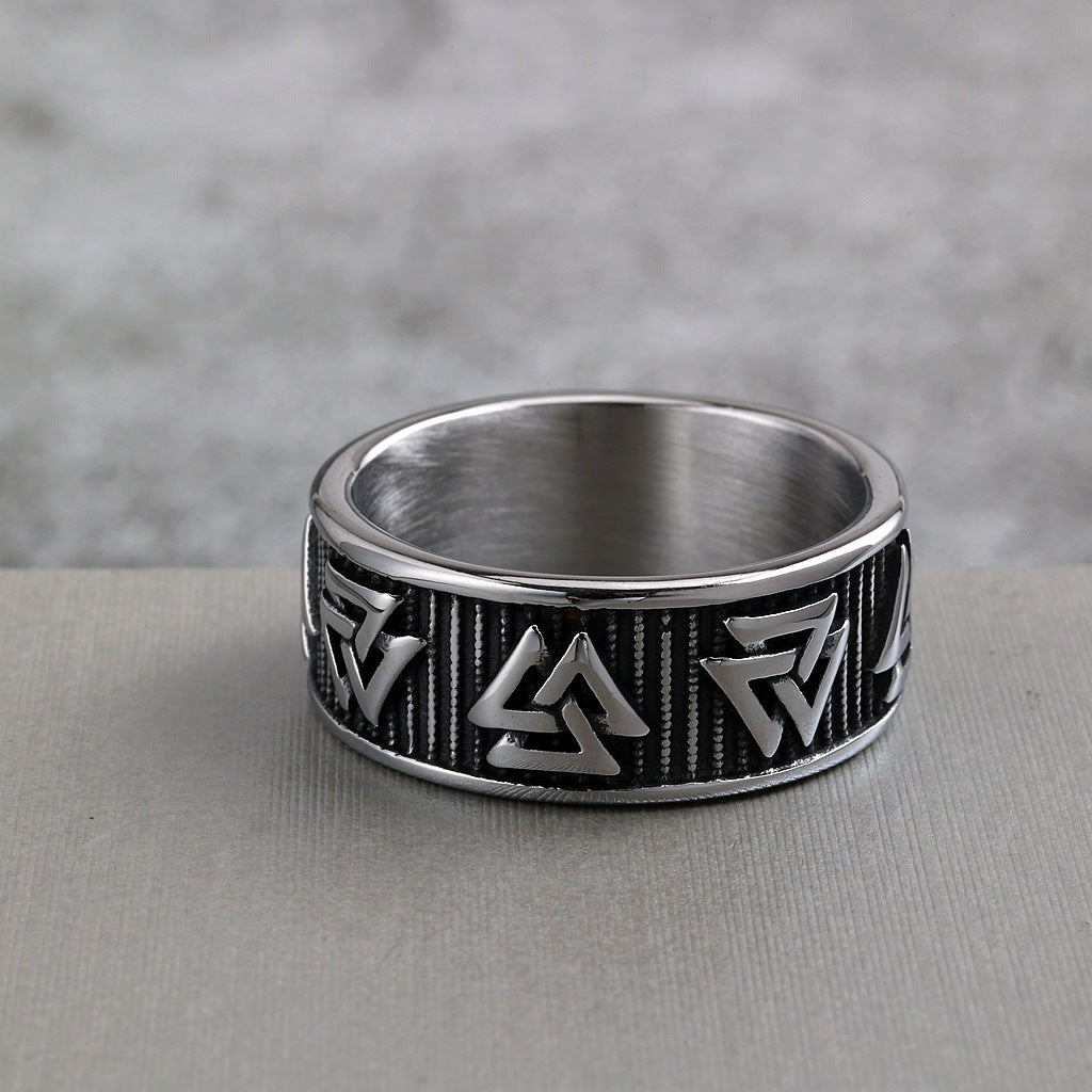 Vintage Solid Stainless Steel Slim Norse Viking Valknut Triangle Band Ring for Men