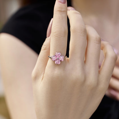 Women's Pink Heart Shape Zirconia Inlaid Clover Simple Ladies Ring, S925 with White Gold Plating Fashion Jewelry Ring