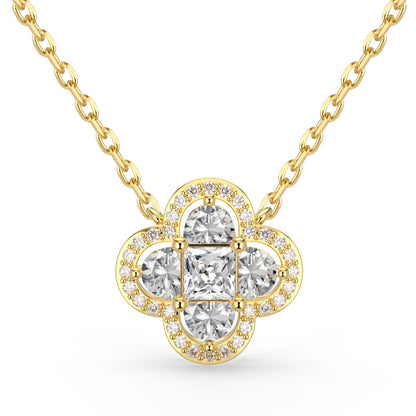 Women's Clover Pendant Necklace, Heart Shape Zirconia Accent, S925 with Gold Plating