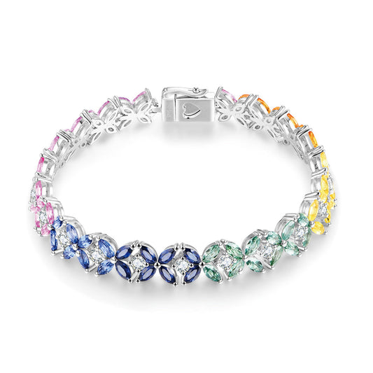 Women's Sterling Silver Pear Cut Colored Gem Flower Shape Plain Tennis Bracelet