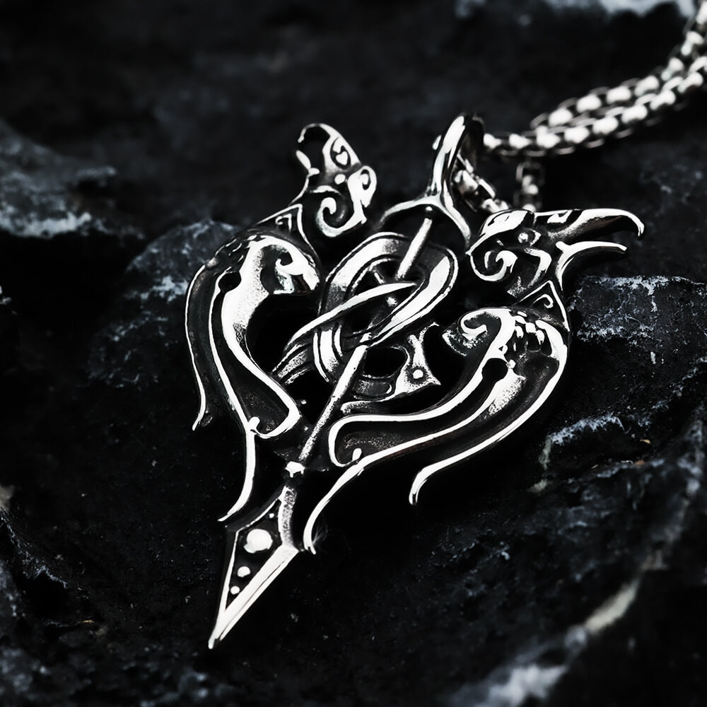 Vintage Antique Oxidized Stainless Steel Men's Norse Viking Twin Raven Celtic Knot Hollow Pendant Necklace