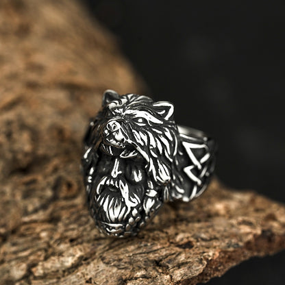 Vintage Antique Oxidized Solid Stainless Steel Norse Viking 3D Wolf Head Triquetra Celtic Knot Band Ring for Men