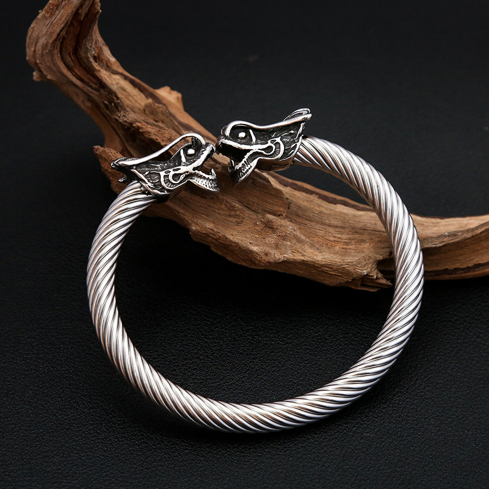 Fashion Minimalist Dragon Head Stainless Steel Bracelet for Men, Trendy Open Cuff Wrist Jewelry