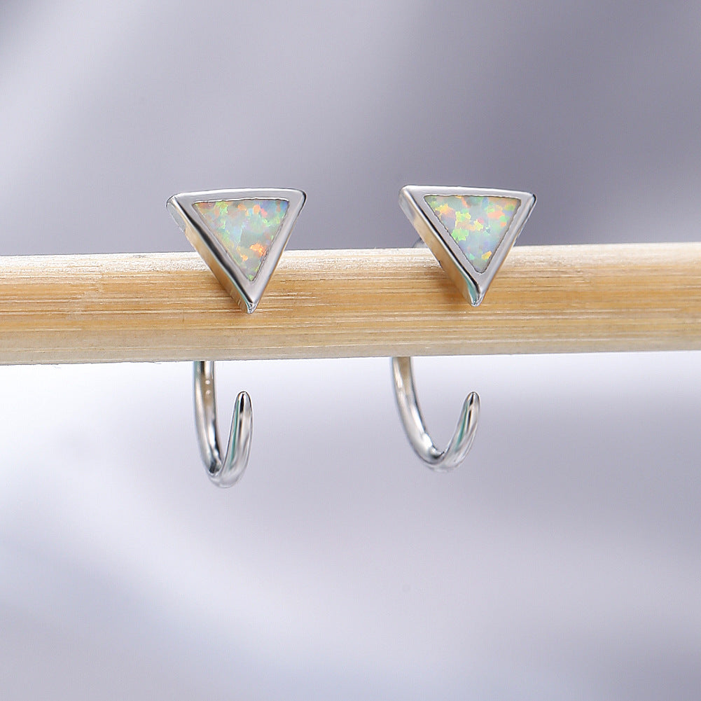 Women's Triangle Bezel Blue & White Opal C Hook Earrings, White Gold Plating