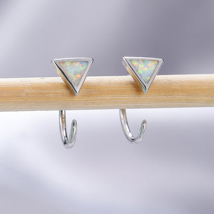 Women's Triangle Bezel Blue & White Opal C Hook Earrings, White Gold Plating