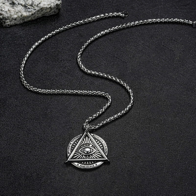 Men's Steel Vintage All Seeing Eye Triangle Round Pendant Necklace