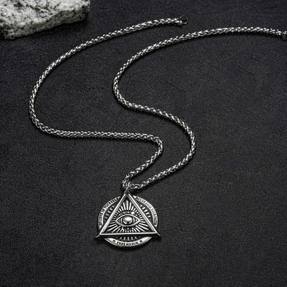 Men's Steel Vintage All Seeing Eye Triangle Round Pendant Necklace