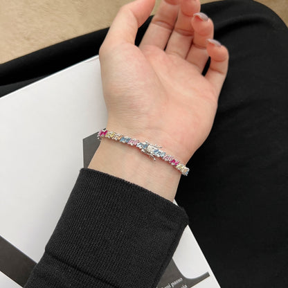 Women's Delicate Bracelet, Multicolor Baguette Zirconia Arranged Inlay, S925 with White Gold Plating