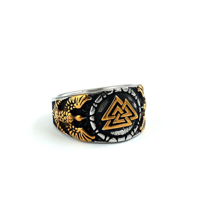 Vintage Solid Stainless Steel Norse Viking Valknut Raven Wide Signet Ring for Men