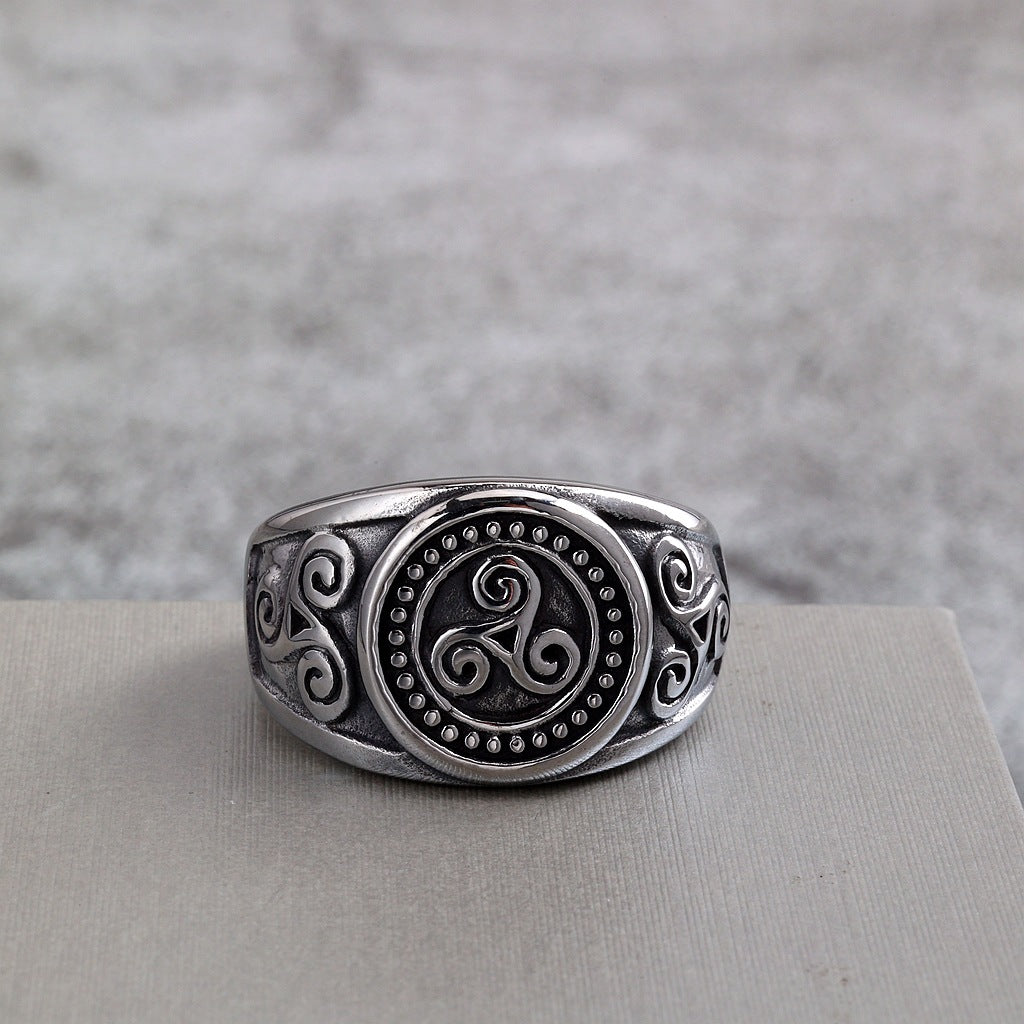 Vintage Solid Stainless Steel Viking Symbol Circle Spiral Ring for Men