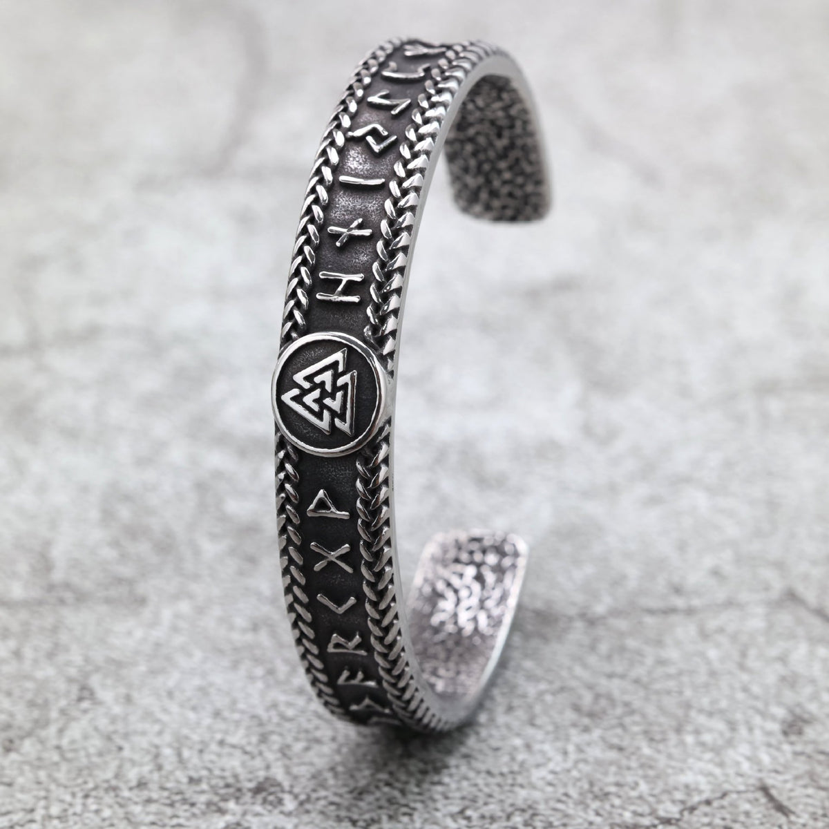 Vintage Viking Symbols Solid Stainless Steel Open C Bracelet for Men, European Retro Cuff Bangle