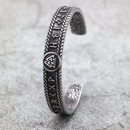 Vintage Viking Symbols Solid Stainless Steel Open C Bracelet for Men, European Retro Cuff Bangle