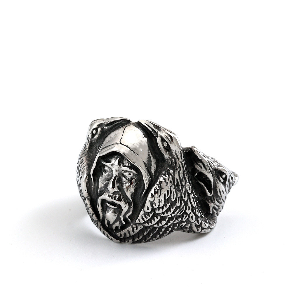 Vintage Stainless Steel Biker Viking Odin Raven Wolf Head Ring for Men