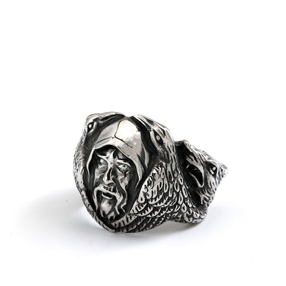 Vintage Stainless Steel Biker Viking Odin Raven Wolf Head Ring for Men