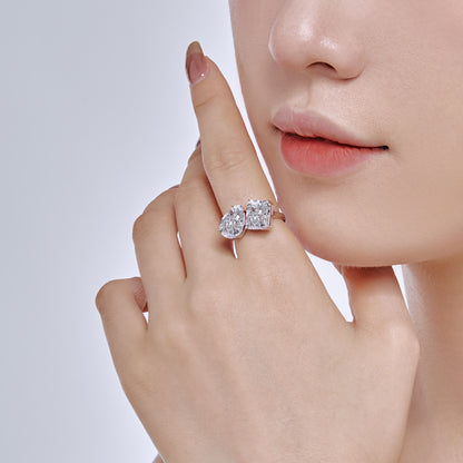 Women's Adjustable Double Main Stone Ring, Radiant Ice‑Flower Cut Rectangular Drop Zirconia, S925 with White Gold Plating