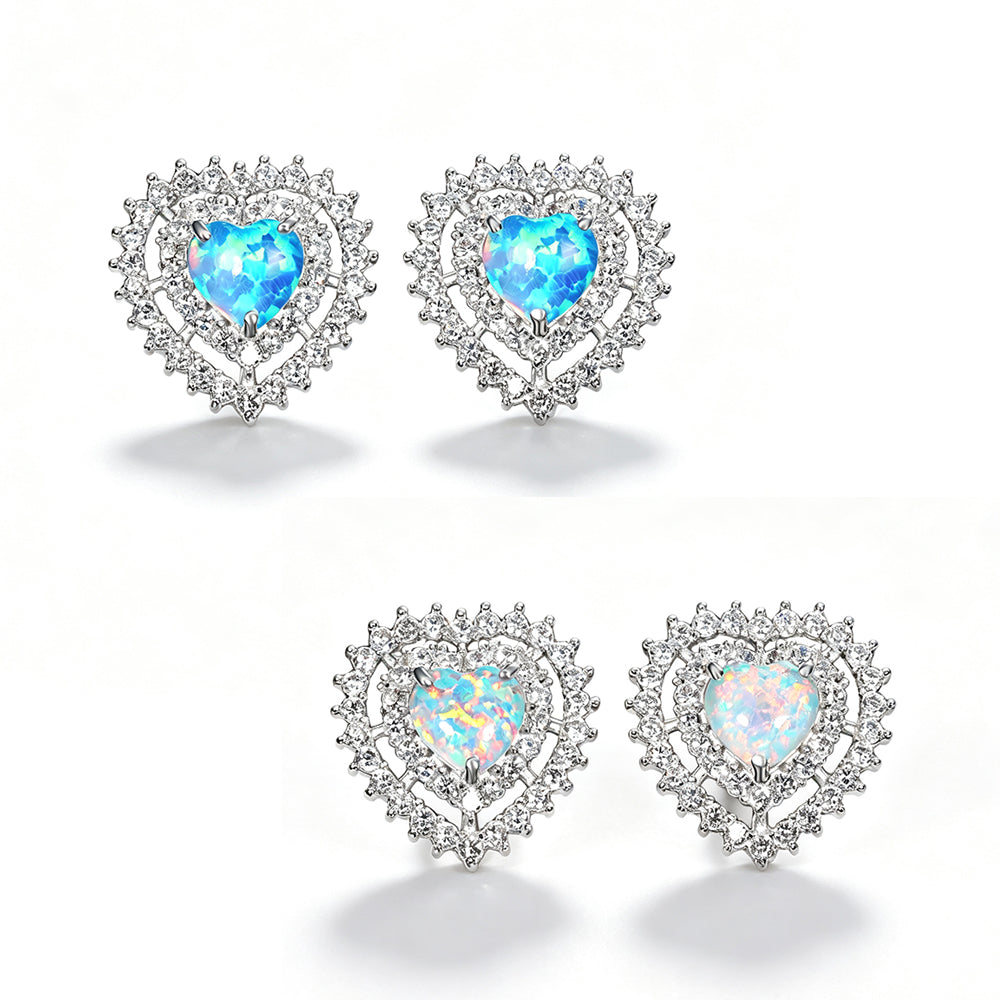 Women's Double‑Layer Heart Opal Stud Earrings, Full Zirconia Halo Setting, with White Gold Plating