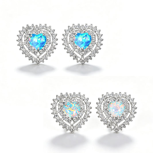 Women's Double‑Layer Heart Opal Stud Earrings, Full Zirconia Halo Setting, with White Gold Plating
