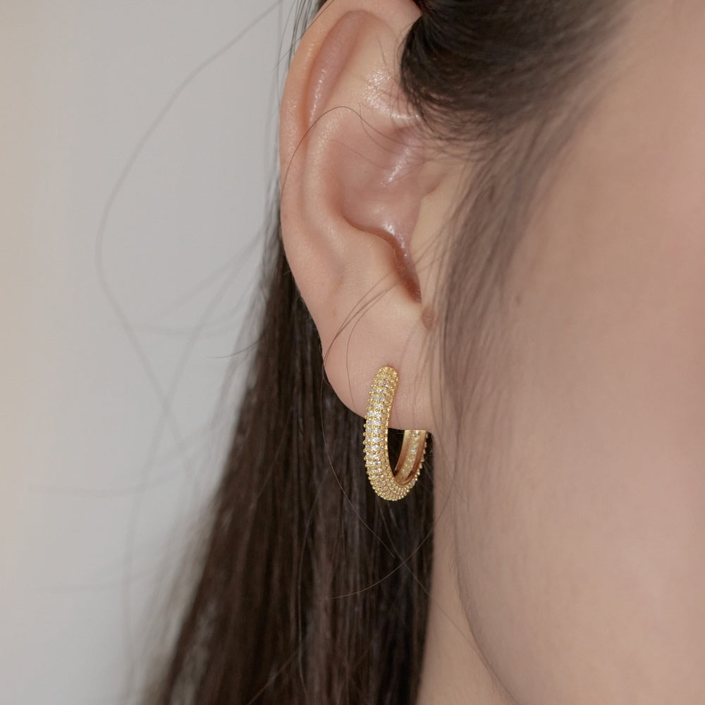 Women's Delicate 15 mm Round Huggie Earrings, Full Paved Round Zirconia, S925 with 18K Gold Plating