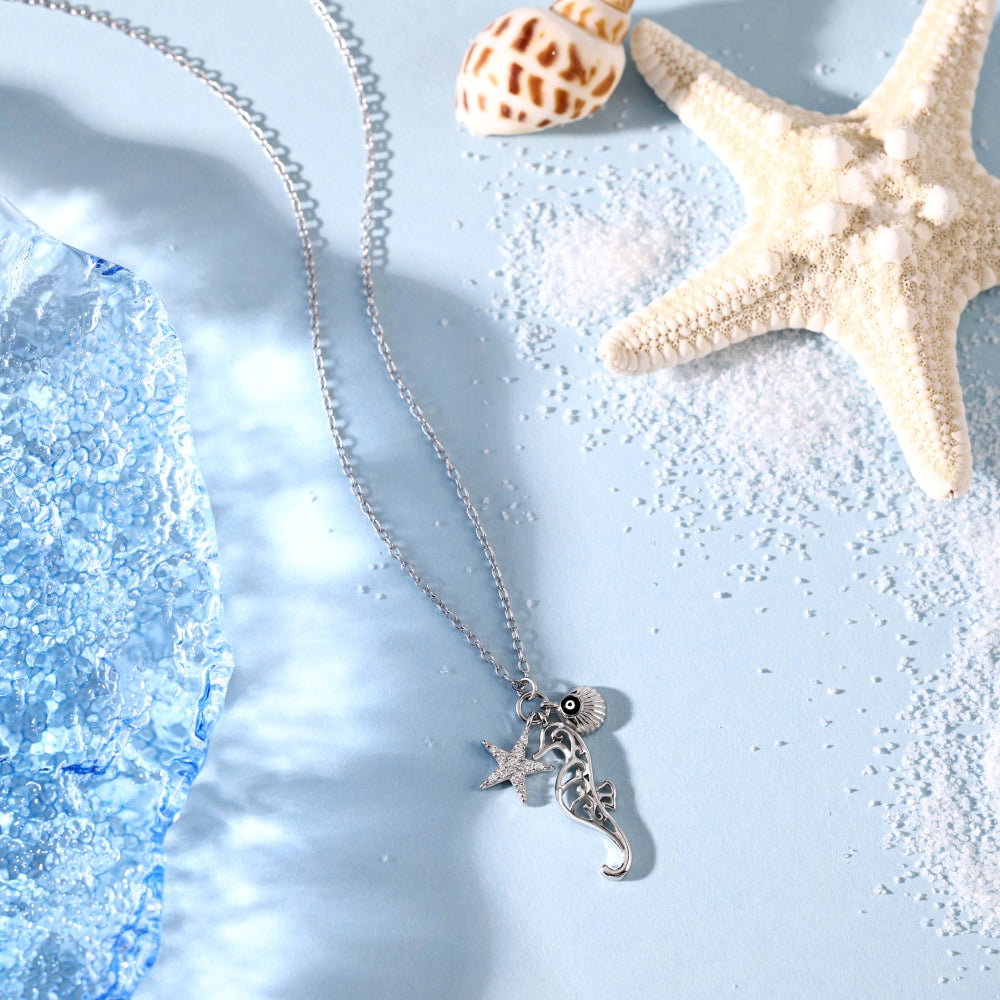 Women's Pendant Necklace, Star Seahorse White shell Evil Eye Design Inlaid Round White Zirconia, S925 with White Gold Plating