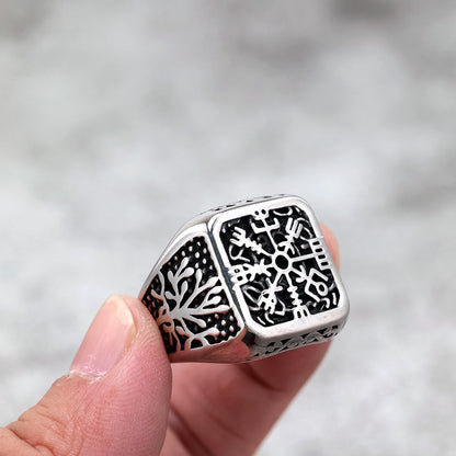 Vintage Nordic Solid Stainless Steel Tree of Life Compass Square Signet Ring for Men
