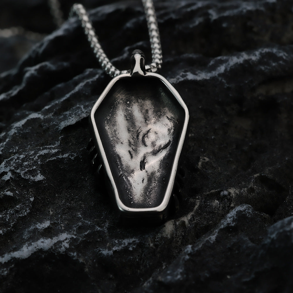 Men's Steel Coffin Skull Hand With Rose Pendant Necklace