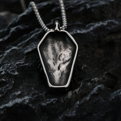 Men's Steel Coffin Skull Hand With Rose Pendant Necklace
