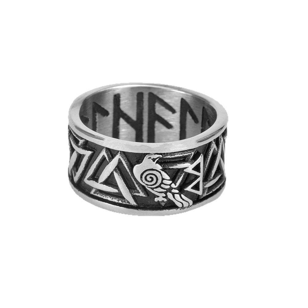 Vintage Stainless Steel Viking Rune Crow Carved Ring for Men