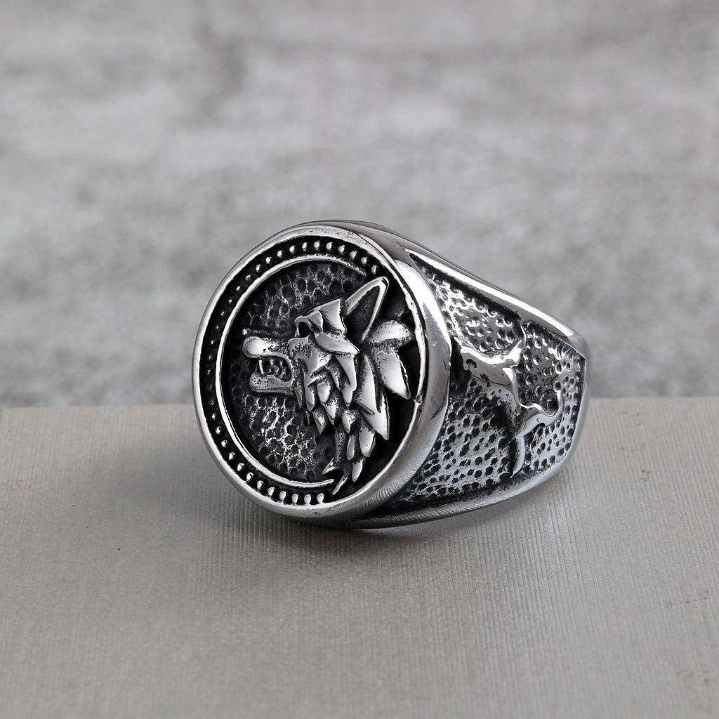 Vintage Solid Stainless Steel Viking Odin Wolf Head Round Ring for Men