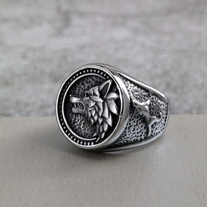 Vintage Solid Stainless Steel Viking Odin Wolf Head Round Ring for Men