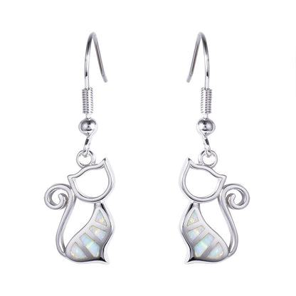 Women's Hollow Cat Blue & White Opal Dangle Earrings, White Gold Plating