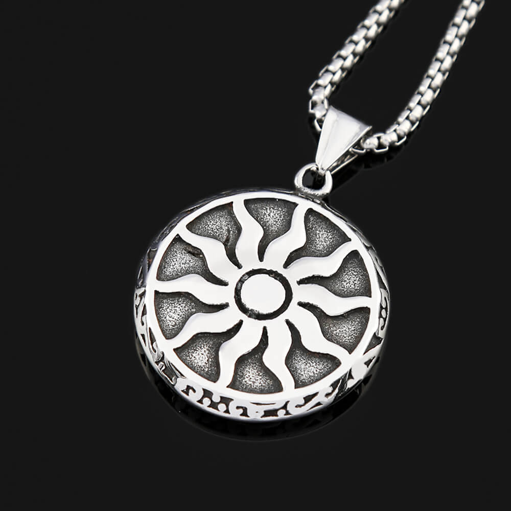 Men's Steel Vintage Sun Pattern Round Pendant Necklace