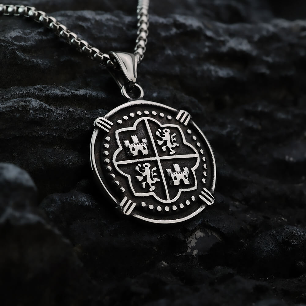 Men's Steel Vintage Spanish Coin Round Pendant Necklace