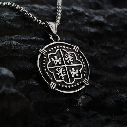 Men's Steel Vintage Spanish Coin Round Pendant Necklace