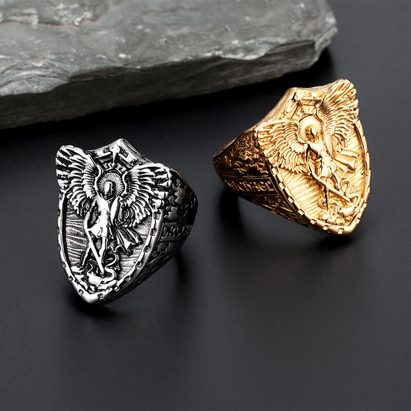 Vintage Solid Stainless Steel Punk St. Michael Dragon Slayer Ring for Men
