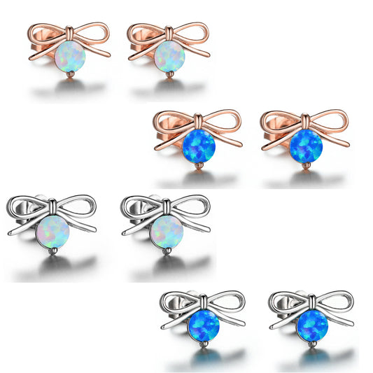Women's Bow‑Shape Round Opal Stud Earrings, with Rose Gold Plating / White Gold Plating