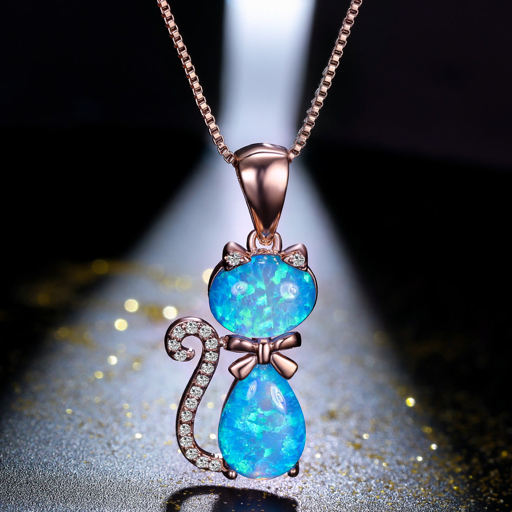 Women's Cat Bow Blue & White Opal with Zirconia Pendant Necklace, Rose Gold / White Gold Plating
