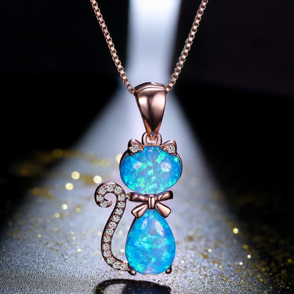 Women's Cat Bow Blue & White Opal with Zirconia Pendant Necklace, Rose Gold / White Gold Plating